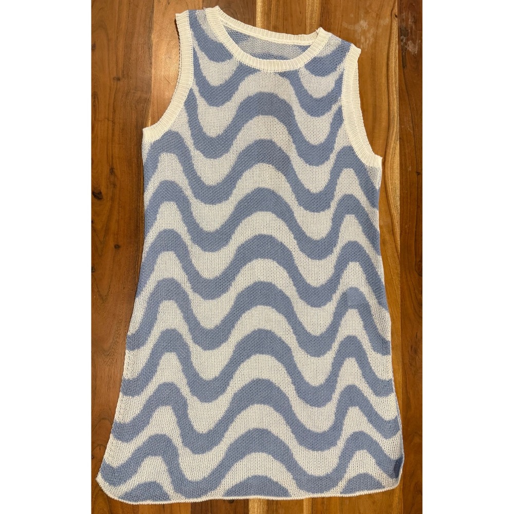 Shein Curve Blue White Wavy Swirl Knit Tunic Sleeveless Back Cutout Top 0XL